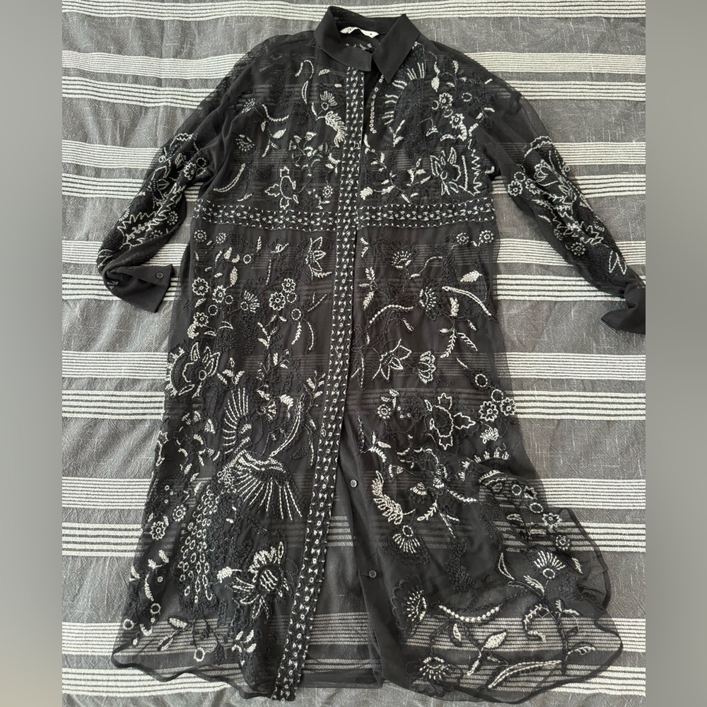Sheer Embroidered Button Up - Womens Large - Zara